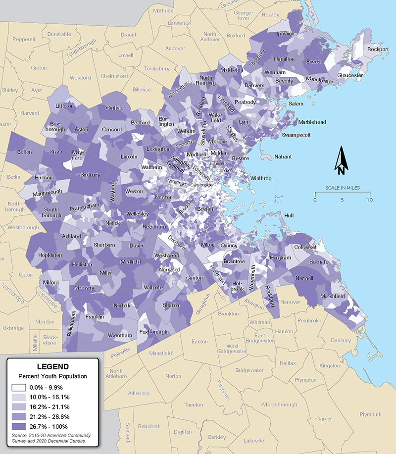 Figure 7 is a map that shows the percent of the population that are under the age of 18 in Boston region communities.